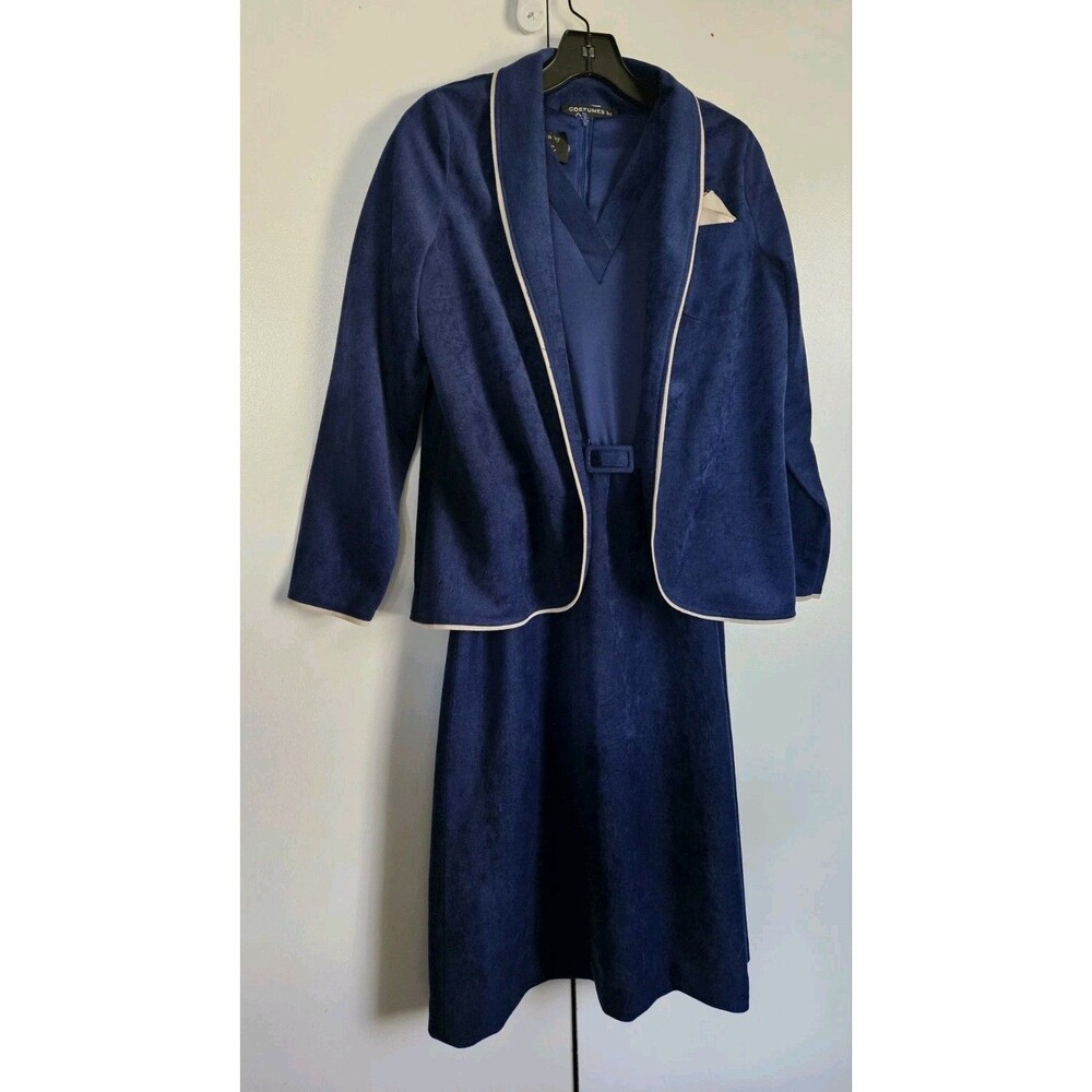 Vintage 2 Pc Dress Jacket Set Blue Costumes by Jerrie Faux Suede Polyester Retro